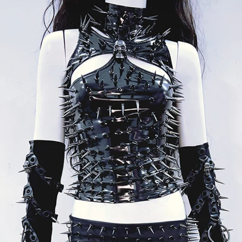 PU leather hollow out rivet applique high neck top