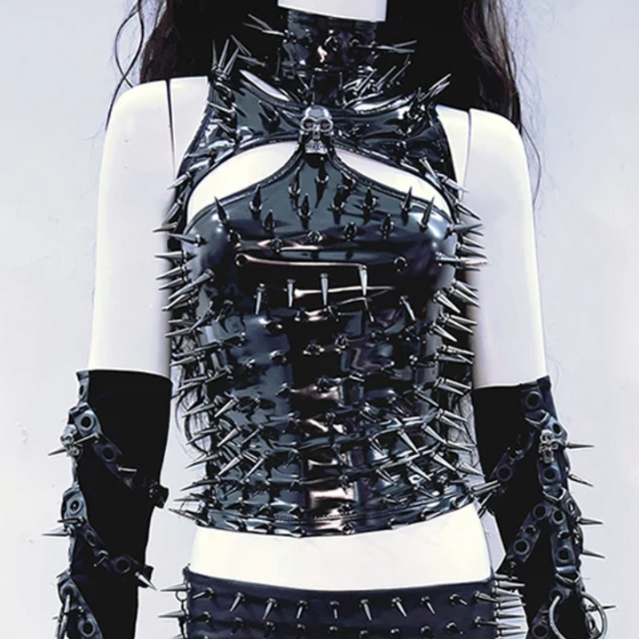 PU leather hollow out rivet applique high neck top