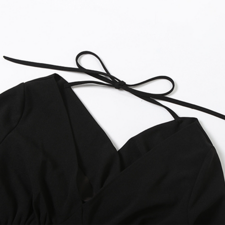 Long flared sleeve v neck self tie solid top  | Festival Outfits Women