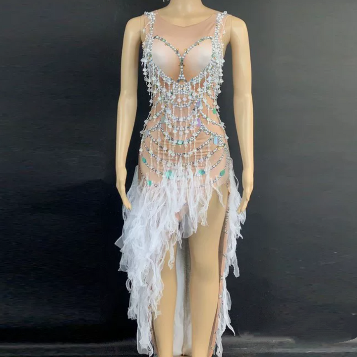 Feather irregular round neck zip-up print midi dress  | Festival Outfits Women