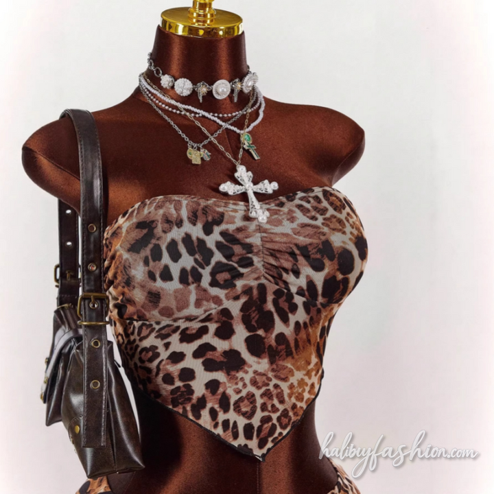 Leopard print ruffle tube mini skirt set