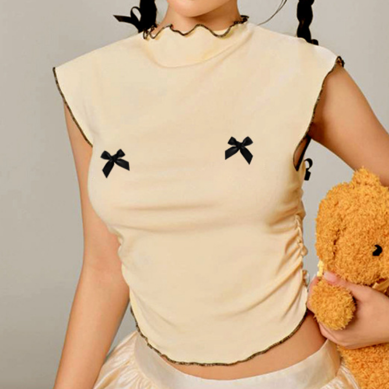 Ruffle bowknot crewneck ruched crop top  | Festival Outfits Women