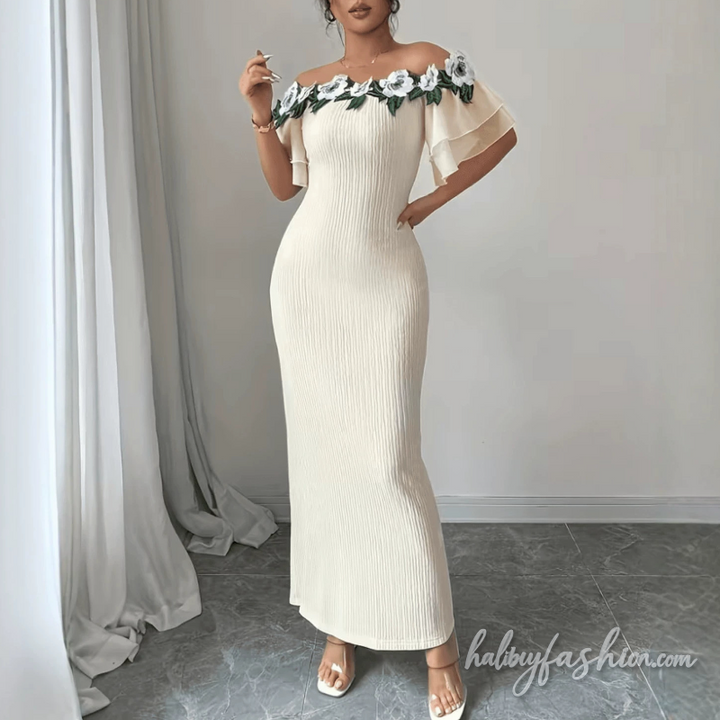 Off shoulder flower applique textured slit maxi dress - Halibuy