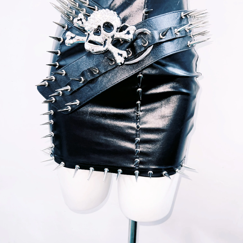 Halter rivet PU leather belt mini dress  | Festival Outfits Women