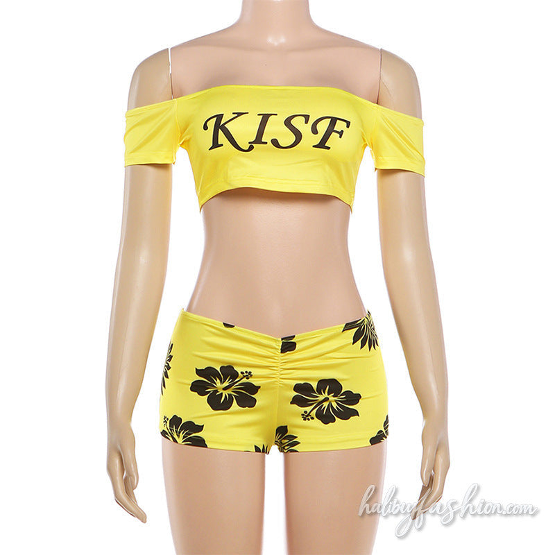 Off shoulder ruched flower print low cut pant set