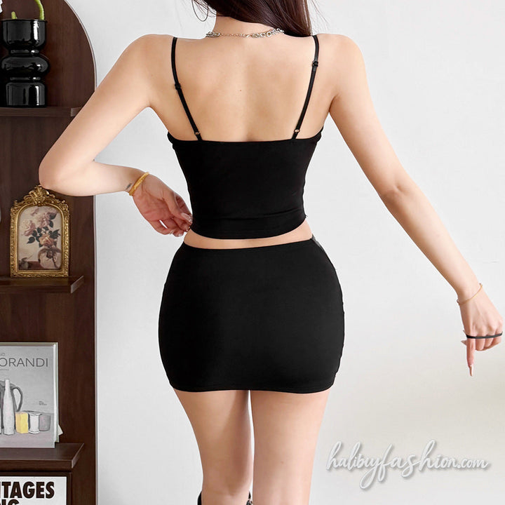 Mesh patchwork PU leather cami mini skirt set