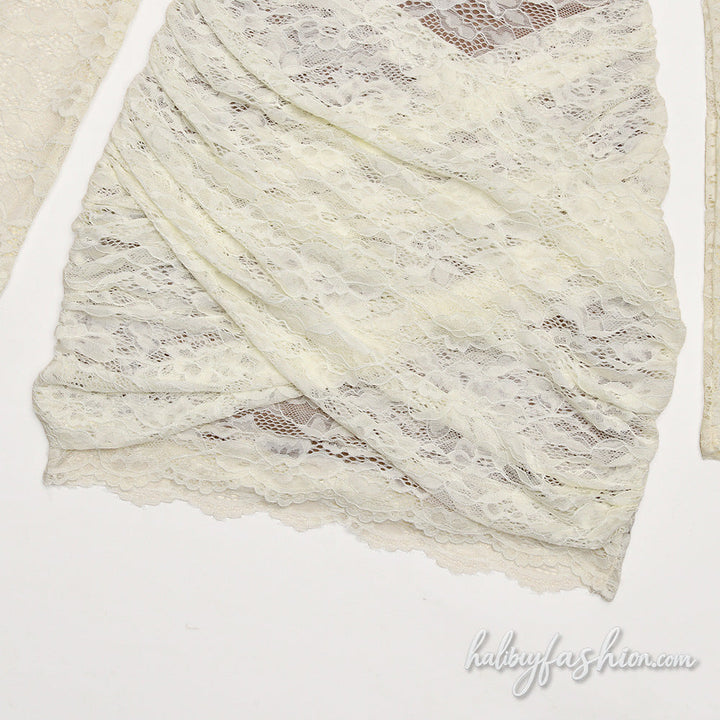 Long sleeve lace ruched v neck mini dress - Halibuy - 7