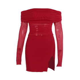 Off shoulder long sleeve slit mesh ruched mini dress  | Festival Outfits Women