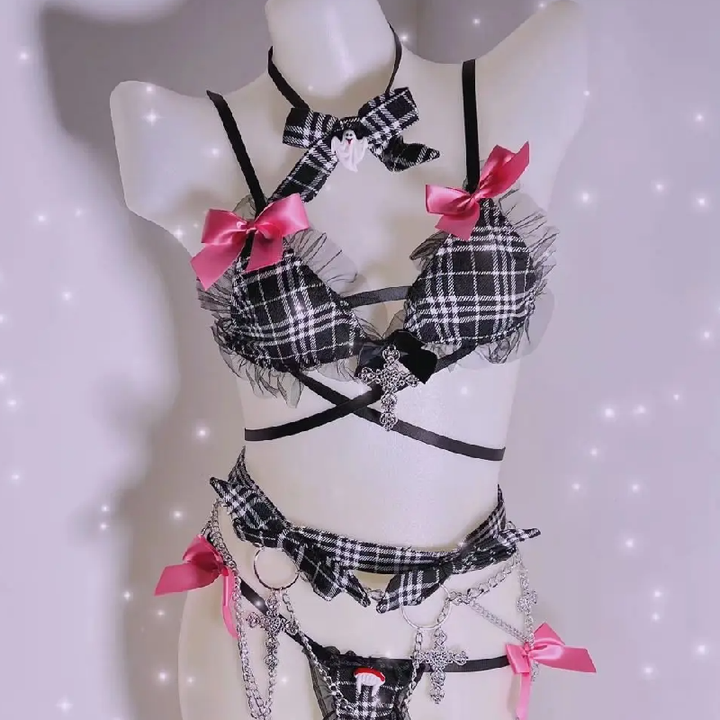 Plaid print bowknot metal chain short pant set  | Festival Outfits Women