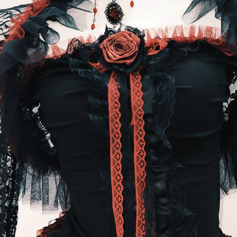 Ruffle long flared sleeve lace flower applique mini skirt set  | Festival Outfits Women