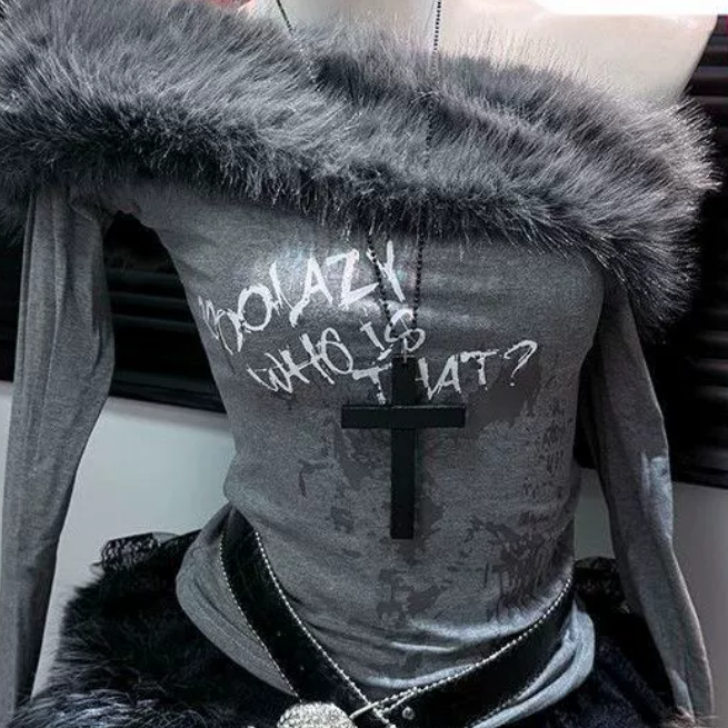 Off shoulder long sleeve fluffy letter print mini skirt set  | Festival Outfits Women