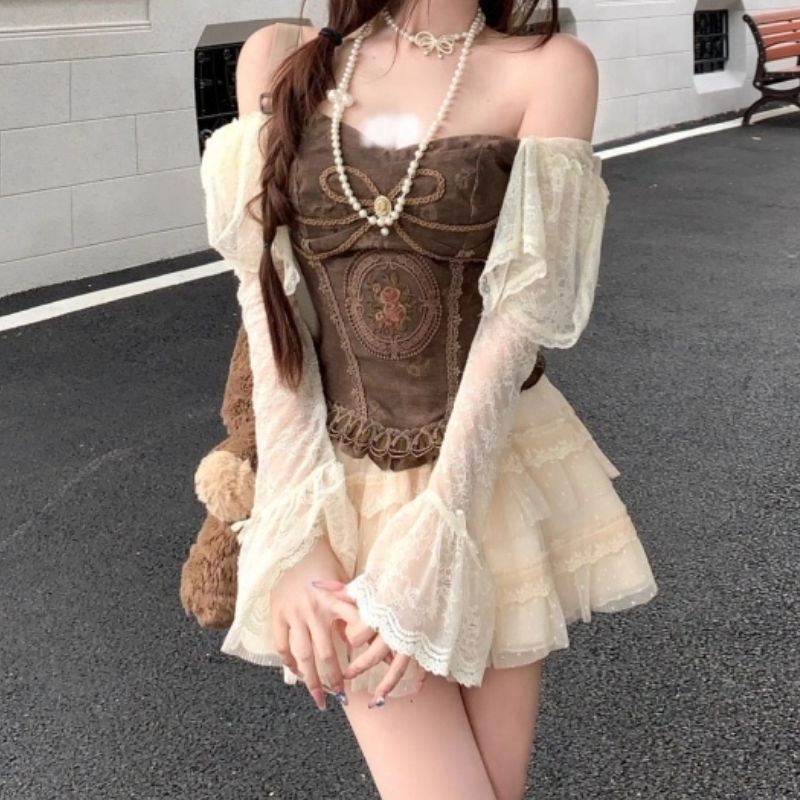 Off shoulder long flared sleeve lace ruffle mini skirt set  | Festival Outfits Women