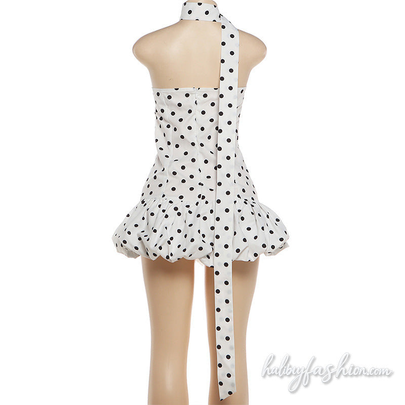 Polka dot halter irregular zip-up ruched mini dress