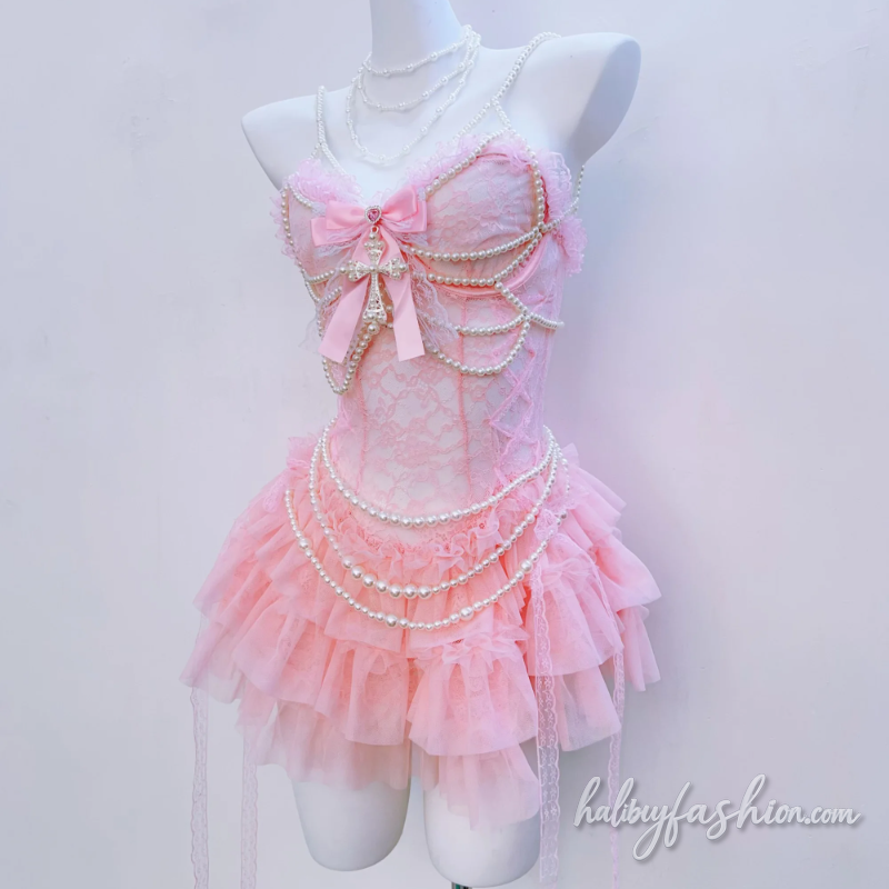 Bowknot beaded lace ruffle v neck mini dress