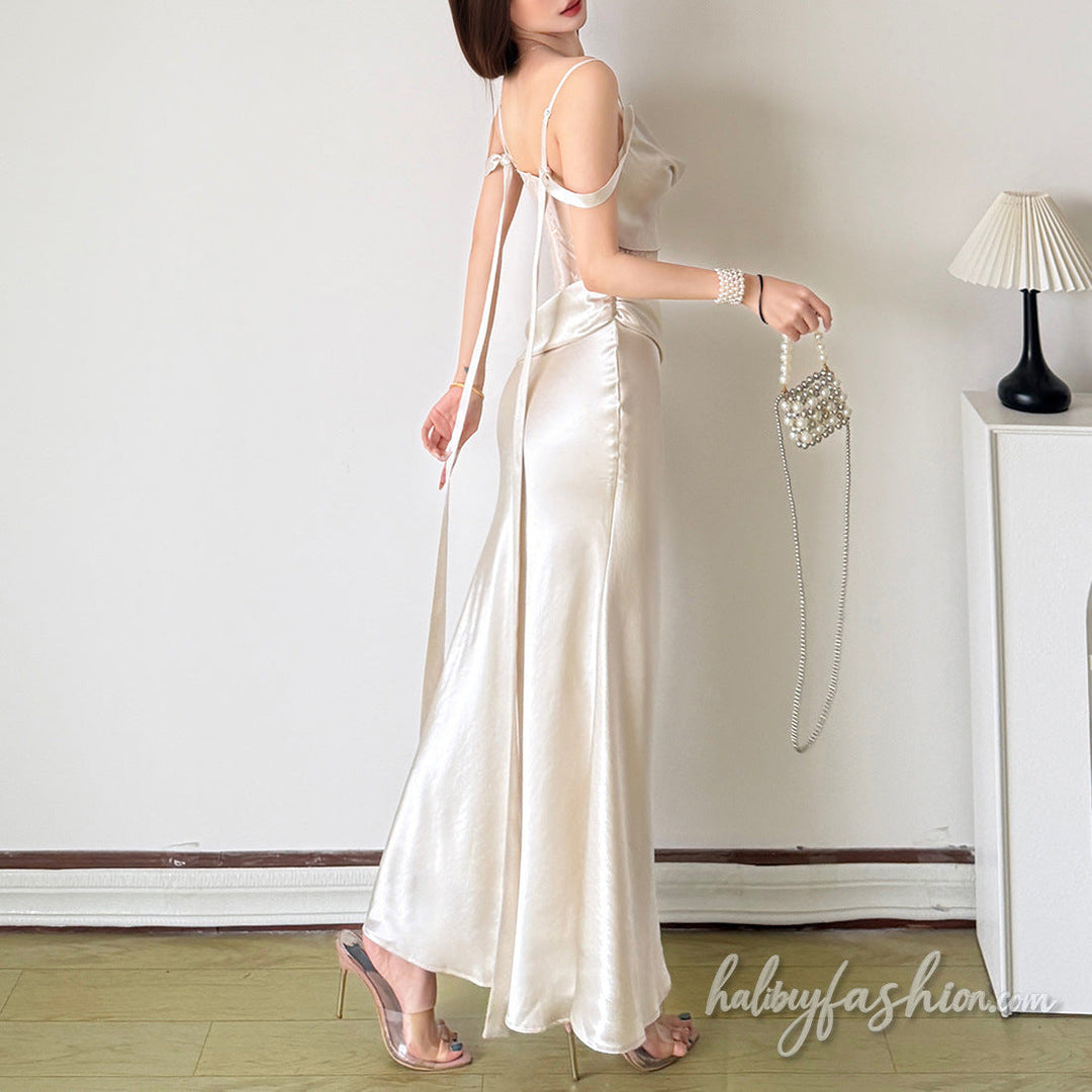Cowl neck lace patchwork ruched cami maxi dress