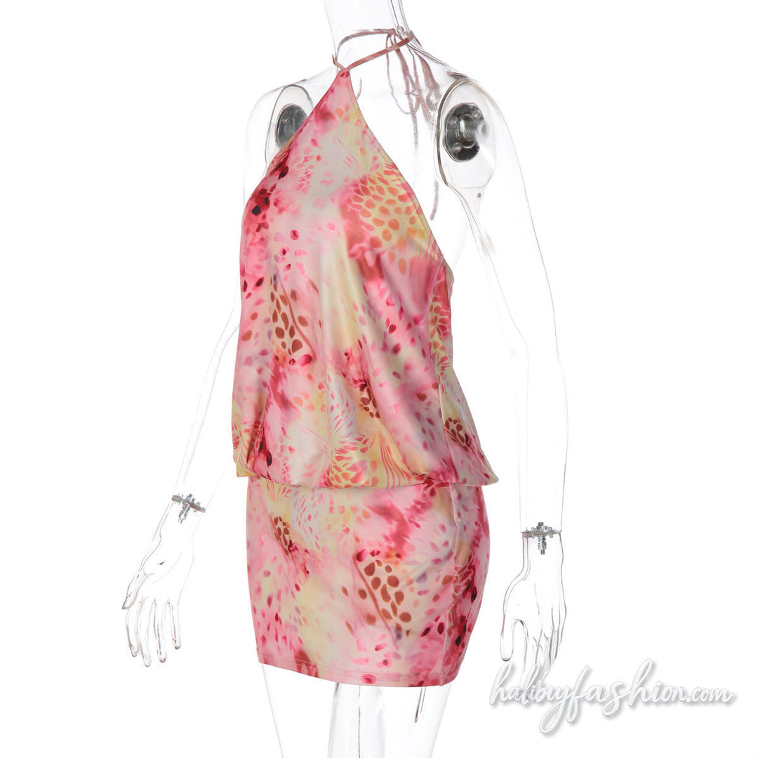 Halter self tie ruched print backless mini dress - Halibuy - 4