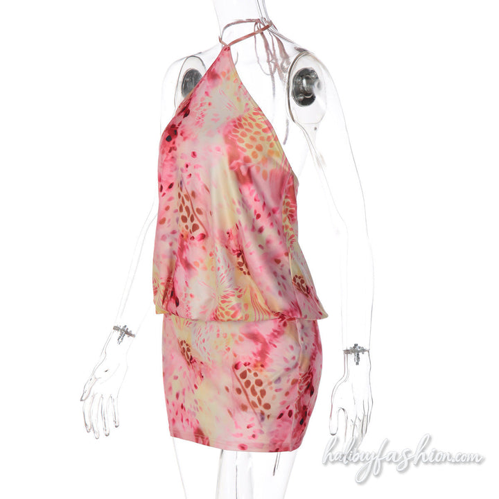 Halter self tie ruched print backless mini dress - Halibuy - 4