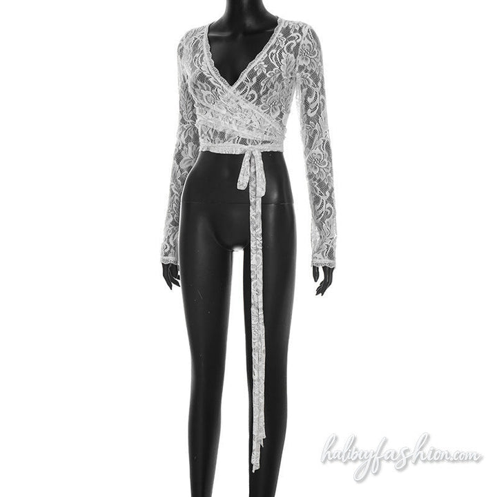 Long sleeve lace see through v neck self tie top - Halibuy - 3