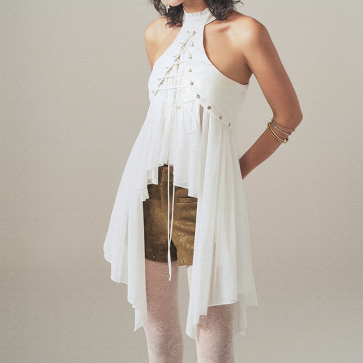 Crewneck lace up ruched solid top  | Festival Outfits Women