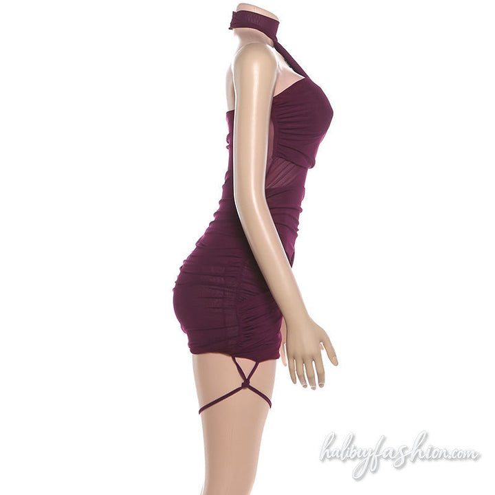 Halter ruched irregular mesh solid mini dress