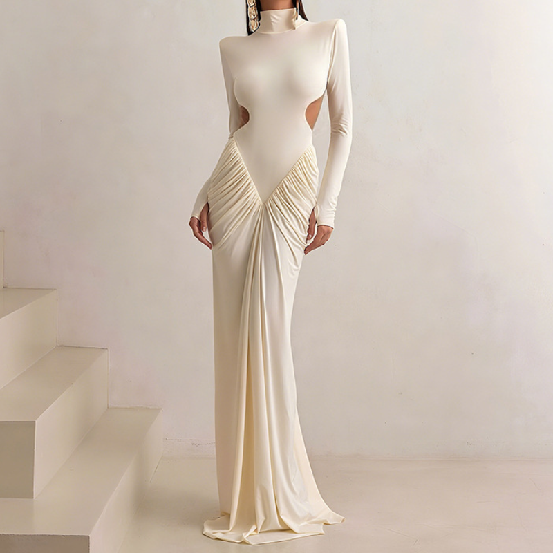 Long sleeve padded ruched high neck maxi dress  | Festival Outfits Women
