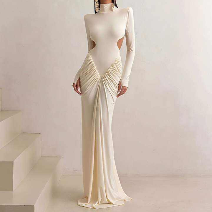Long sleeve padded ruched high neck maxi dress  | Festival Outfits Women