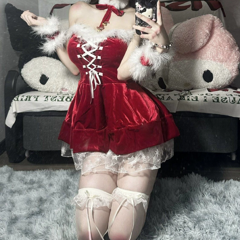 Fluffy lace up velvet backless tube mini dress  | Festival Outfits Women-final-sale