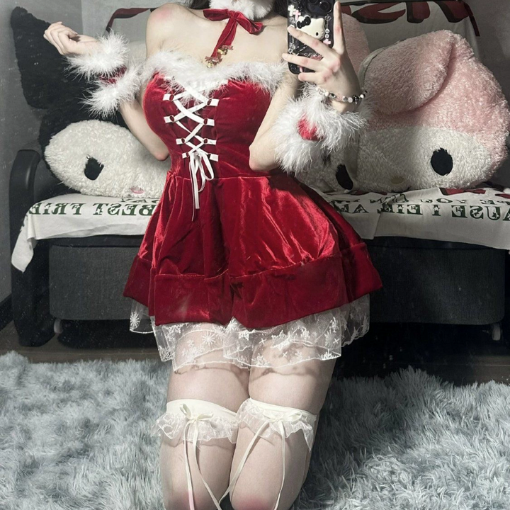 Fluffy lace up velvet backless tube mini dress  | Festival Outfits Women-final-sale