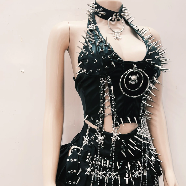 Rivet halter PU leather skull applique leg warmer top  | Festival Outfits Women