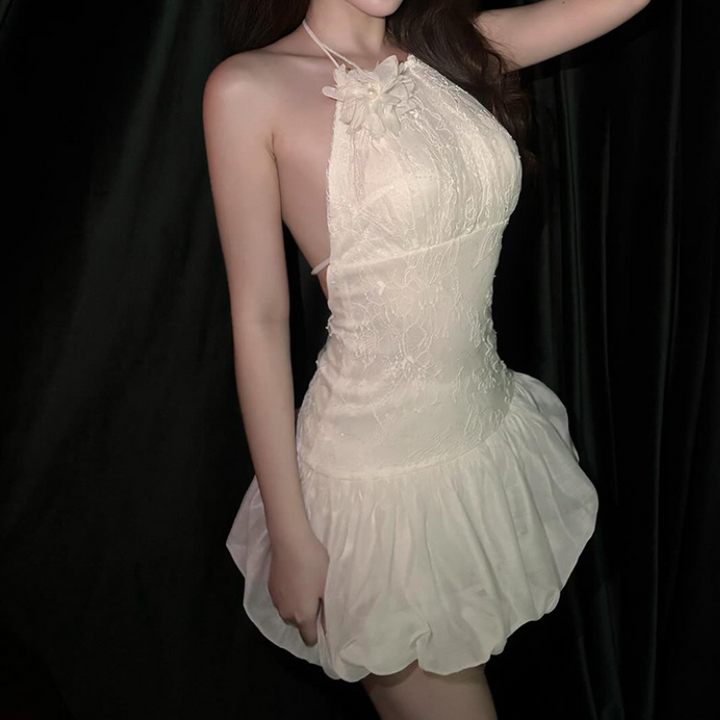 Halter self tie lace backless mini dress  | Festival Outfits Women