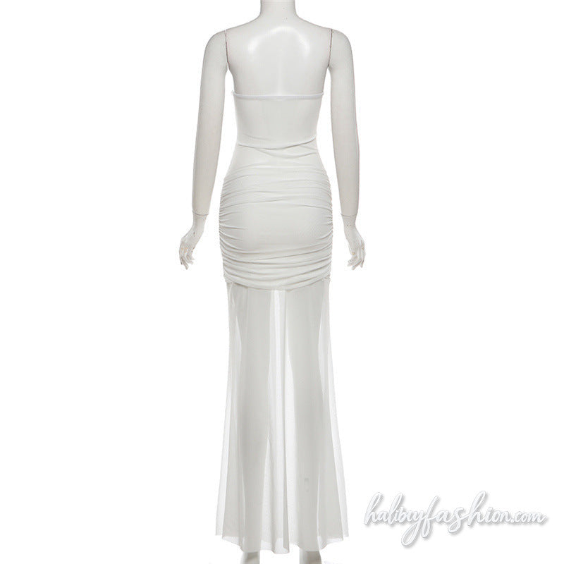 Hollow out ruched mesh solid backless maxi dress