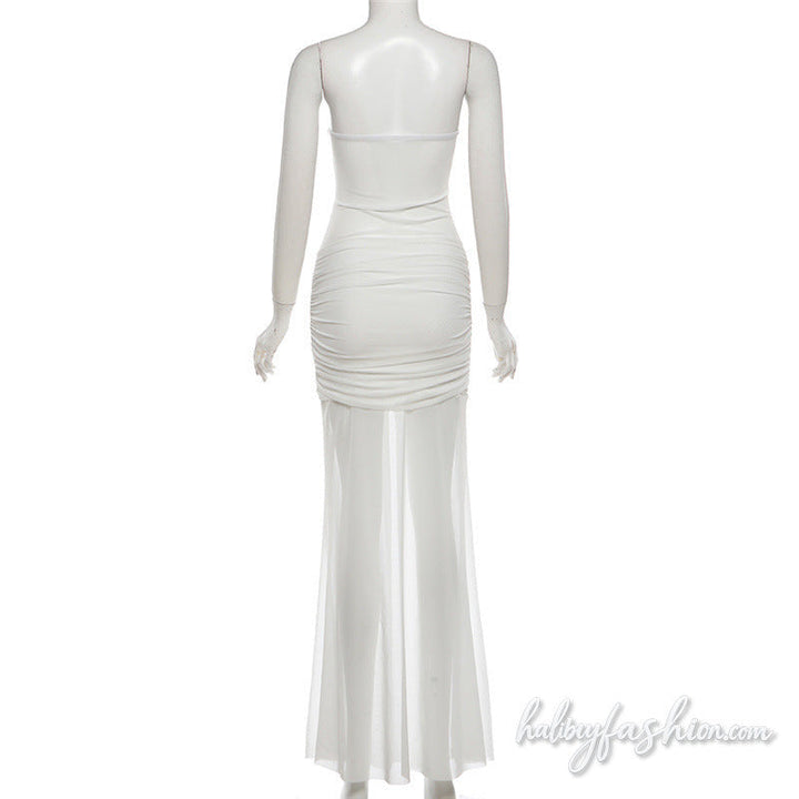 Hollow out ruched mesh solid backless maxi dress