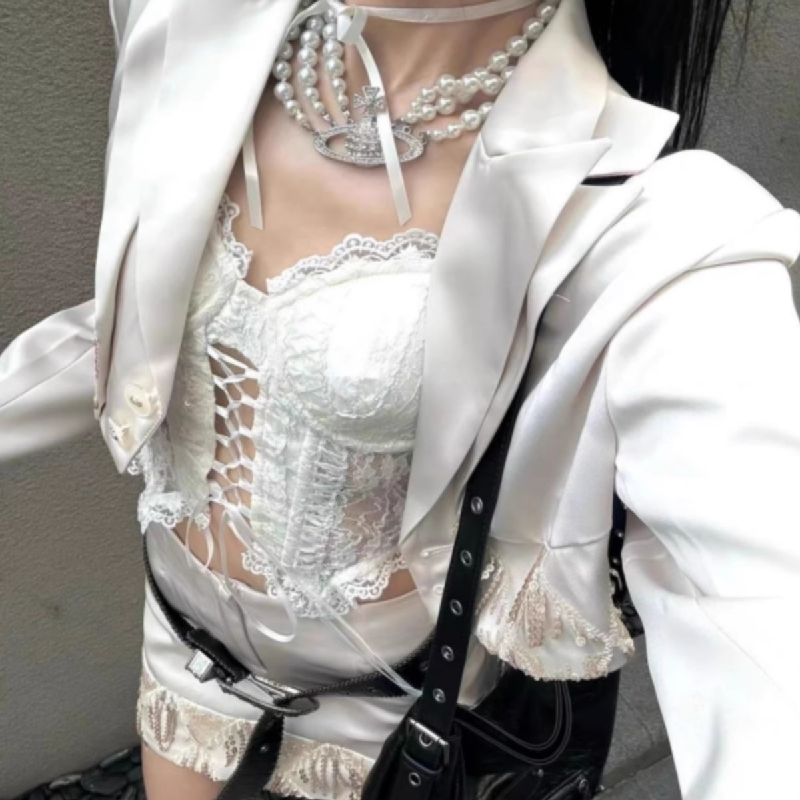 Long sleeve lace hem self tie satin 3 piece skirt set  | Festival Outfits Women
