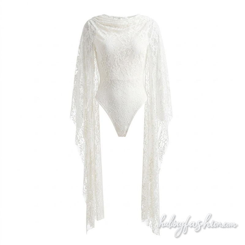 Lace crewneck button solid backless bodysuit