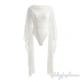 Lace crewneck button solid backless bodysuit