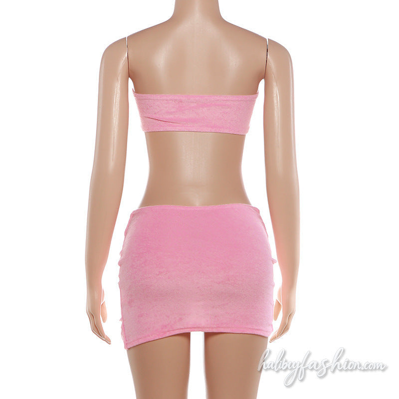 Ruched irregular solid backless tube mini skirt set
