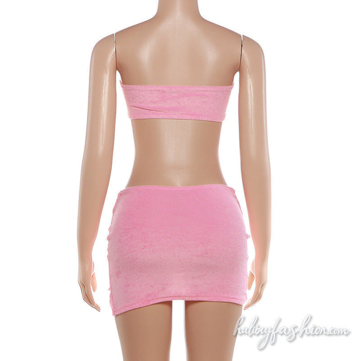 Ruched irregular solid backless tube mini skirt set