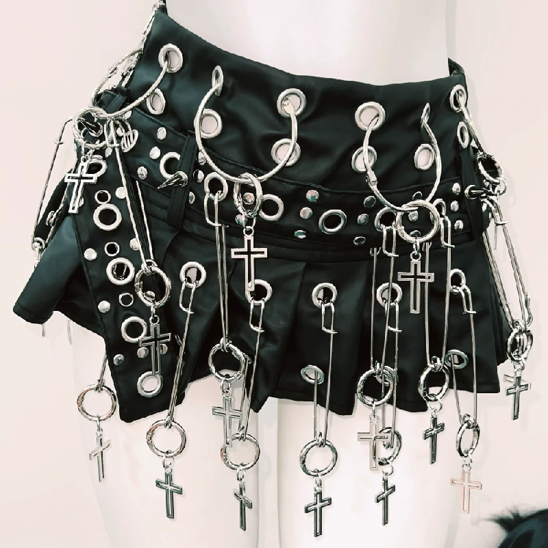 Halter hollow out o ring rivet applique mini skirt set  | Festival Outfits Women