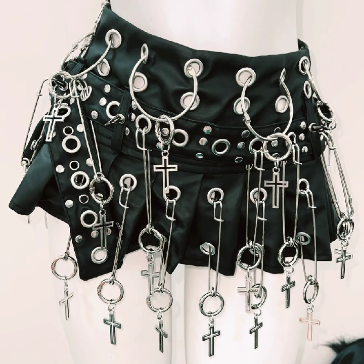 Halter hollow out o ring rivet applique mini skirt set  | Festival Outfits Women