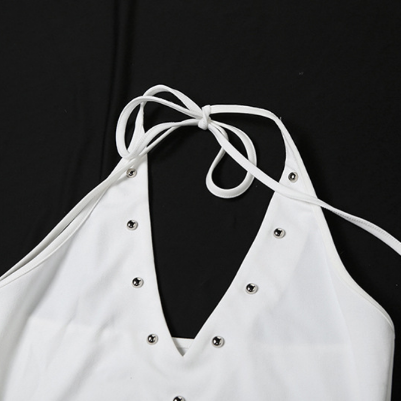 V neck letter pattern halter self tie mini dress  | Festival Outfits Women
