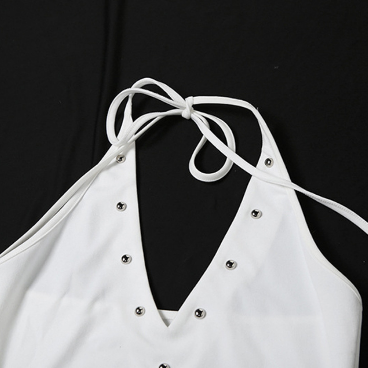 V neck letter pattern halter self tie mini dress  | Festival Outfits Women