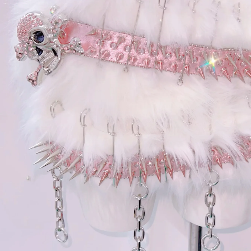 Fluffy skull applique metal chain o ring mini skirt set  | Festival Outfits Women