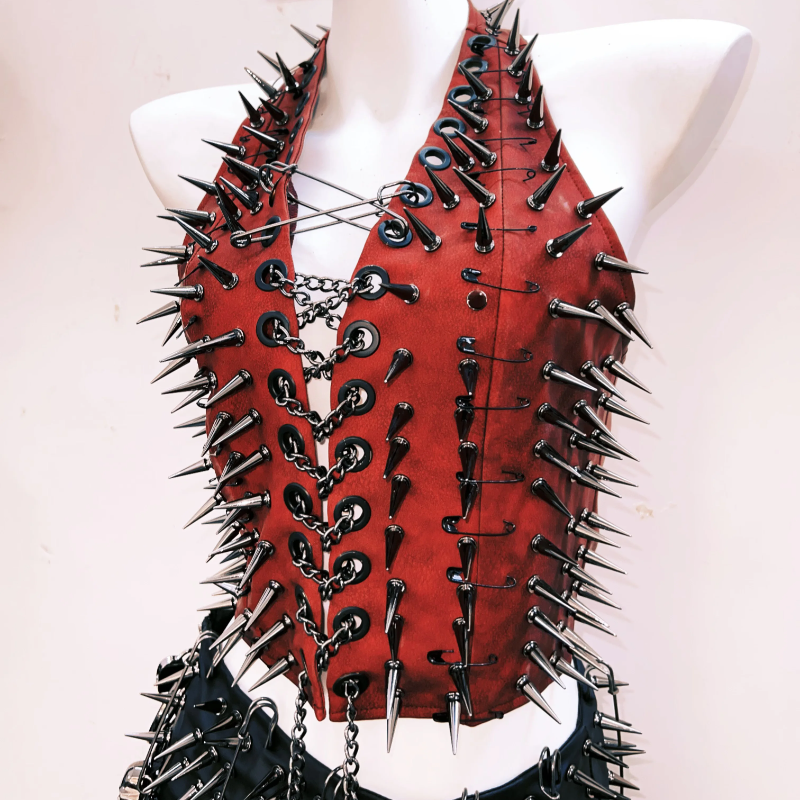 Halter rivet applique metal chain lace up top  | Festival Outfits Women