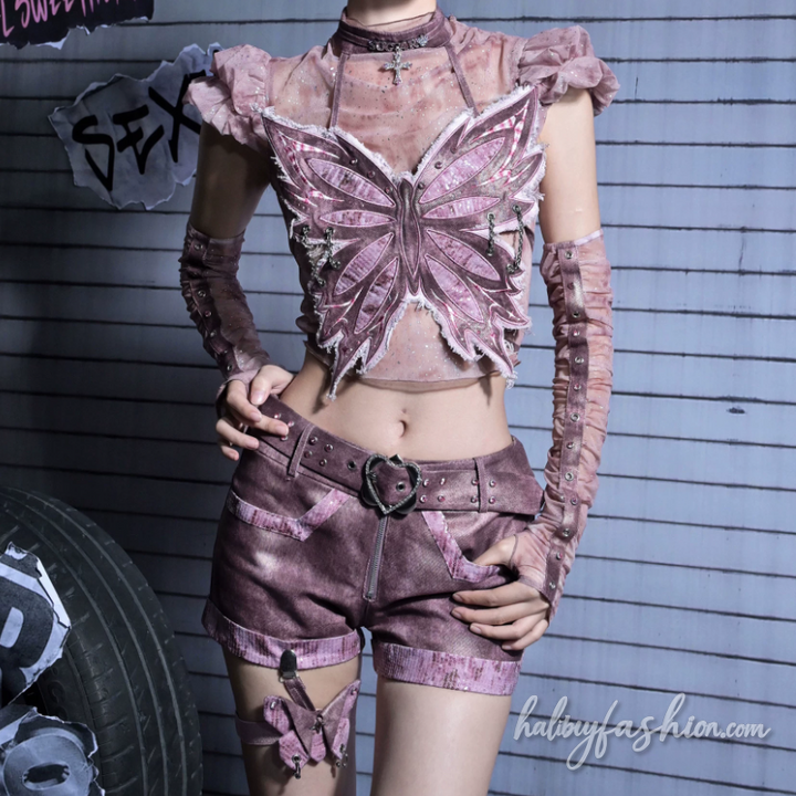 Glitter patchwork zip-up belt jeans