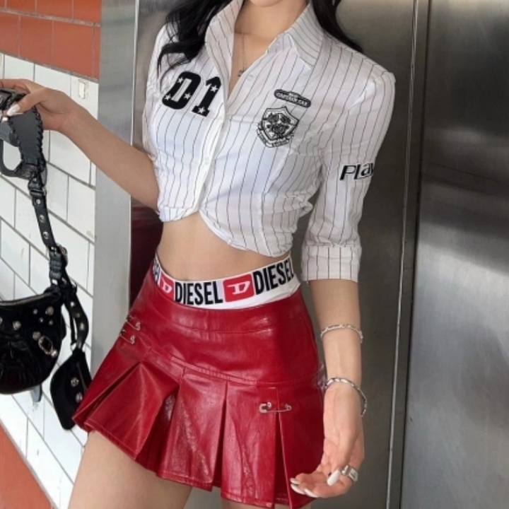 Striped print turnover collar PU leather pleated mini skirt set Cargo Mini Skirt  | Festival Outfits Women