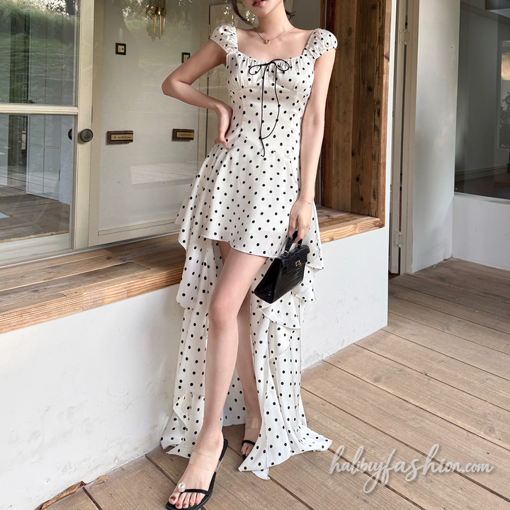 Polka dot self tie ruched zip-up backless maxi dress - Halibuy