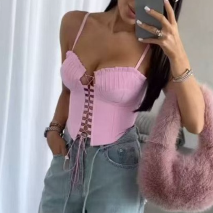 Ruched flower print lace up v neck cami top  | Festival Outfits Women