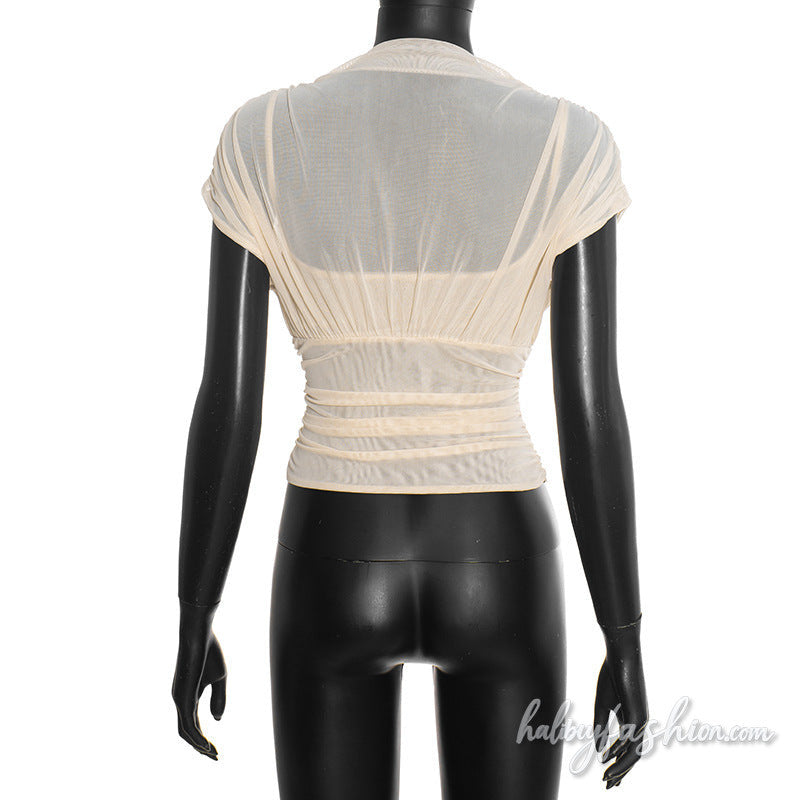 Ruched mesh crewneck solid top