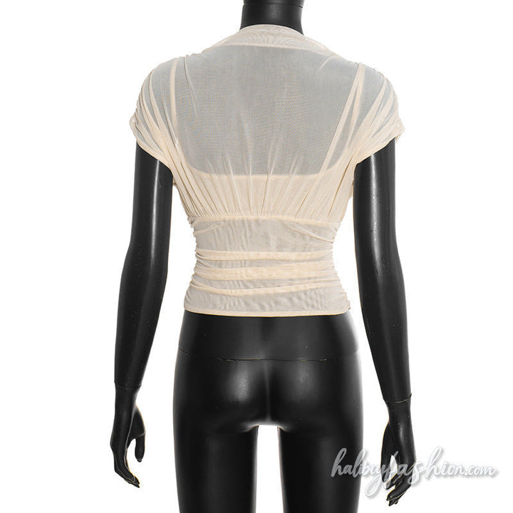 Ruched mesh crewneck solid top