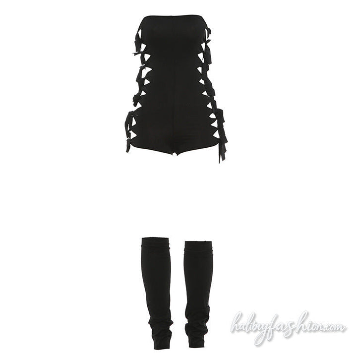 Hollow out self tie backless solid tube romper
